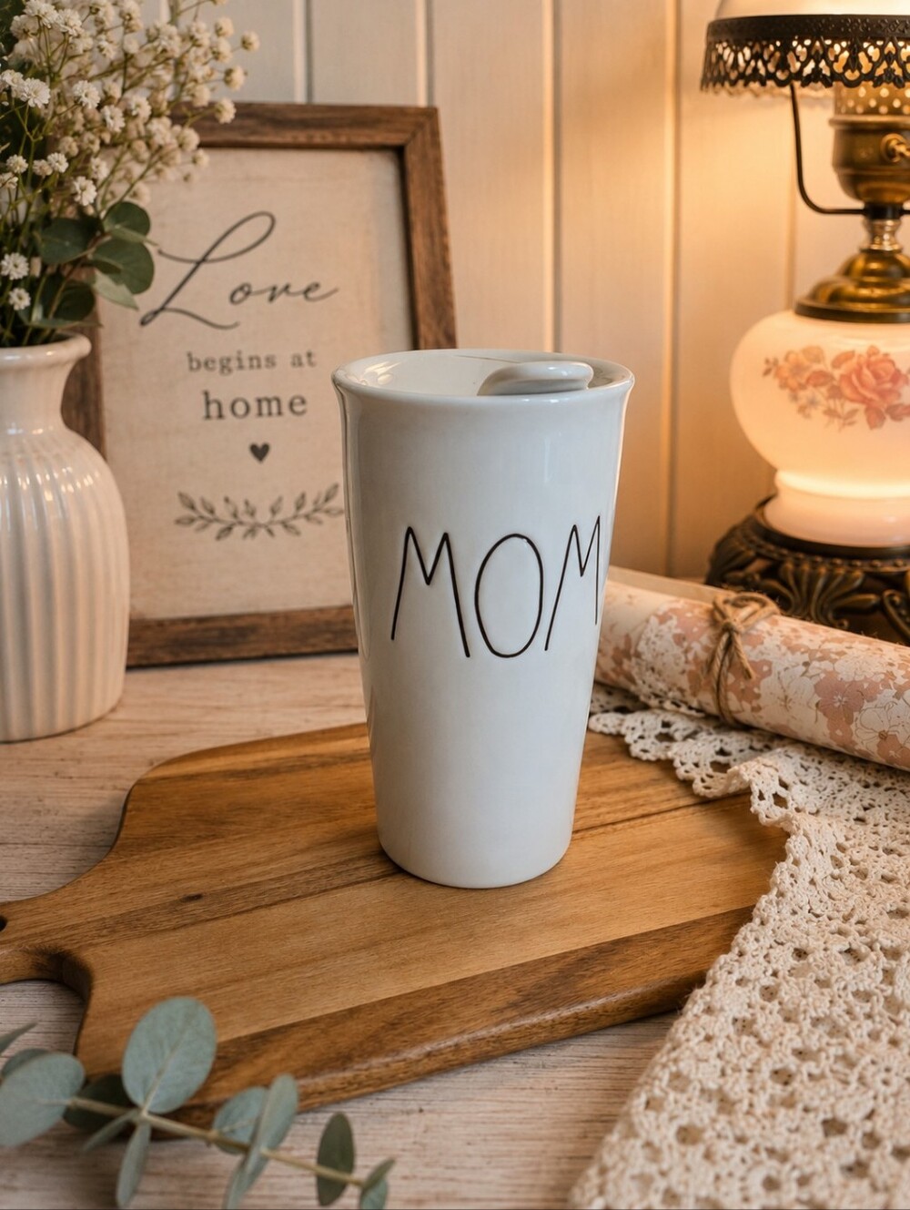 Rae Dunn Artisan Collection By Magenta MOM White Ceramic Travel Mug Lid
